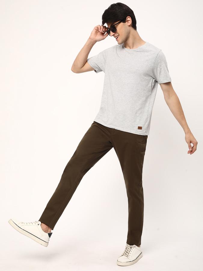 Men Cotton Slim Fit Flat Front Frayed Hem Solid Trousers