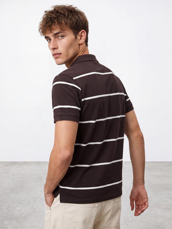 R&B Men's Brown Short sleeve Polo Neck Striped Pure Cotton T-Shirt