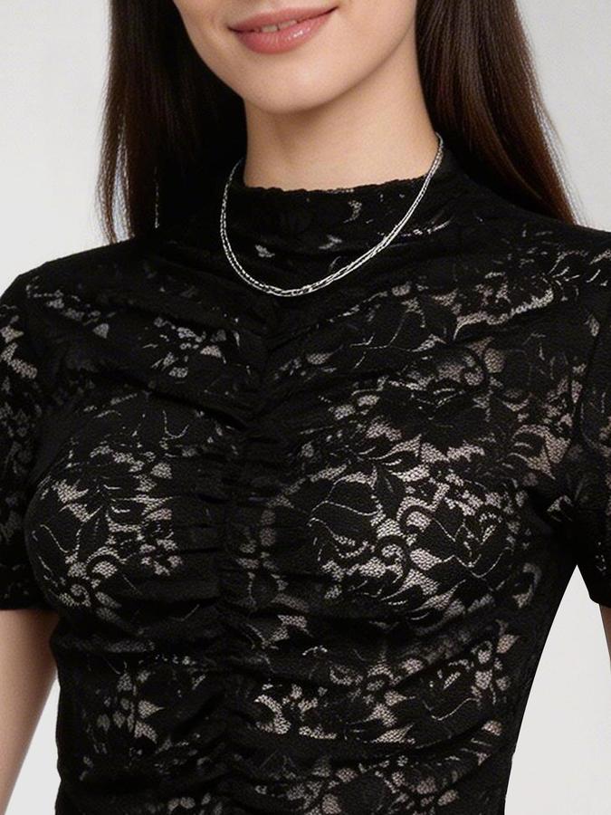 R&B Black Lace Work Women Fitted Top 
