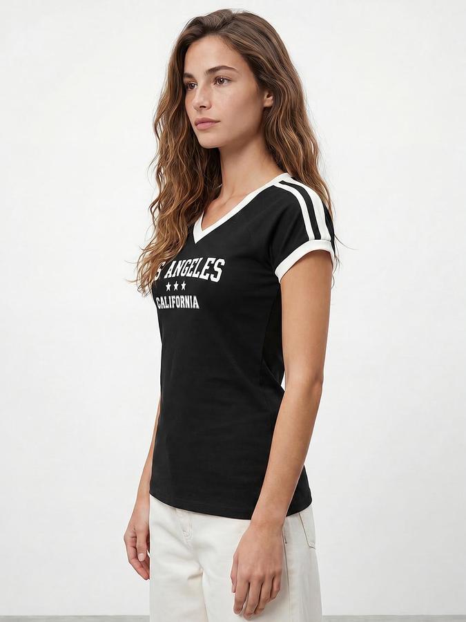 R&B Women Black Short Sleeves V-Neck Slim Fit Typography Print T-Shirt