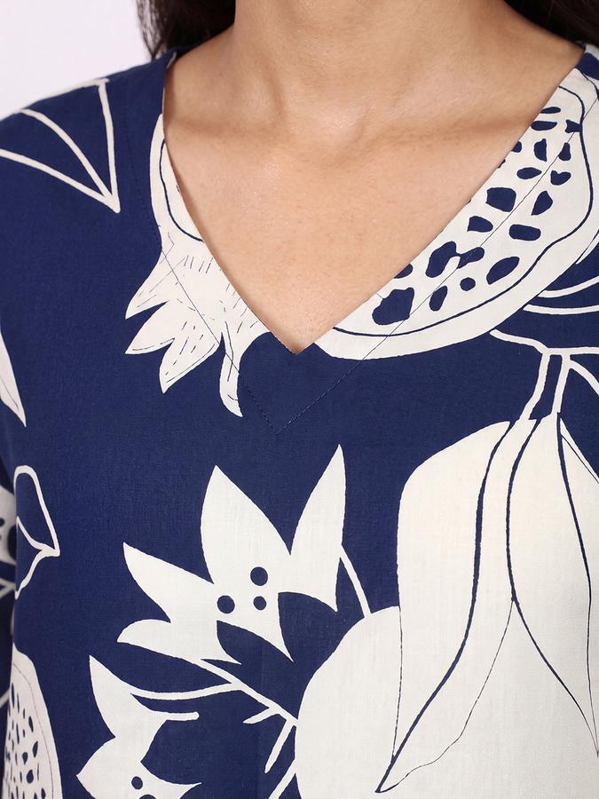 R&B Womens Navy Blue Three-Quarter Sleeves V Neck Floral Printed Straight Kurta