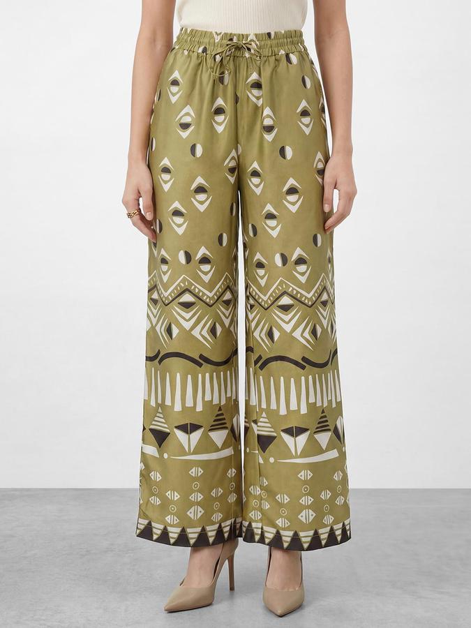 R&B Women's Moss Green Printed Wide Leg Trousers