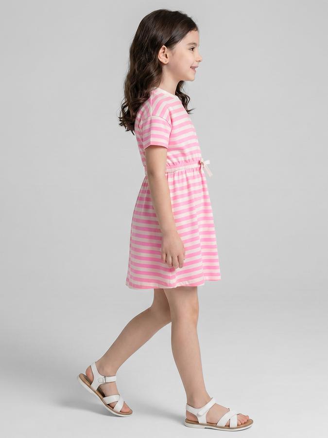R&B Pink Striped Round Neck Short Sleeves Fit and Flare Mini Girls Dress