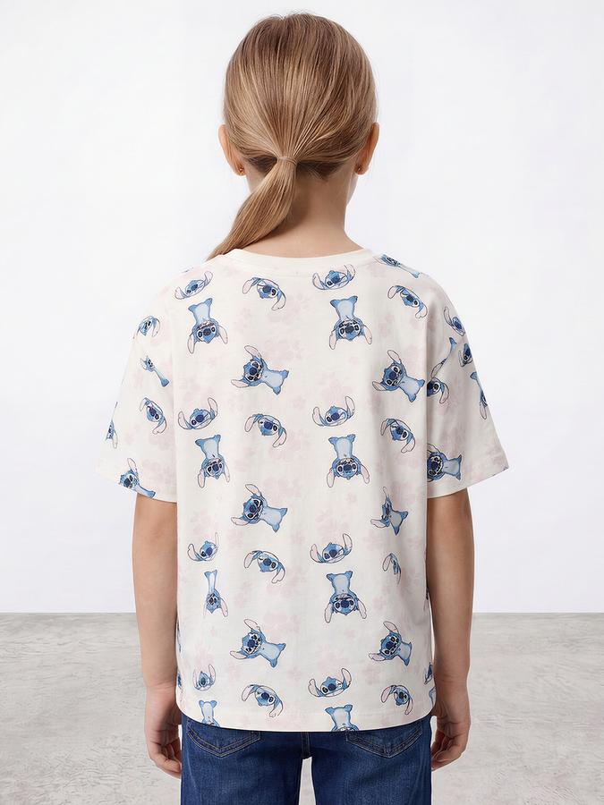 R&B Girls Off White Round Neck Short Sleeve Stitch Character Print T-Shirt