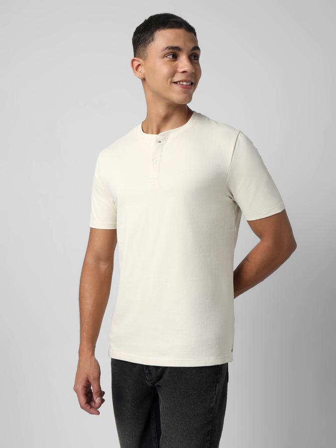 Men Cotton Regular Fit Henley Neck Textured T-shirt