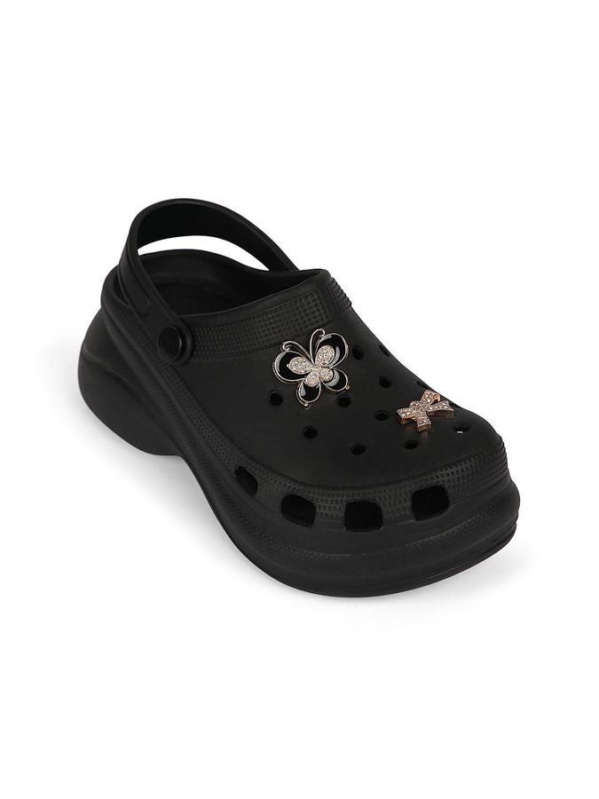 R&B Women Black Bow & Butterfly Embellished Clogs 