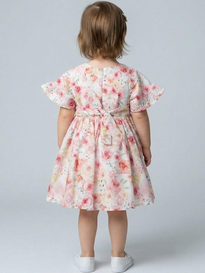 R&B Girls Pink Floral Half Sleeves Round Neck Knee Length Fit &amp; Flare Dress