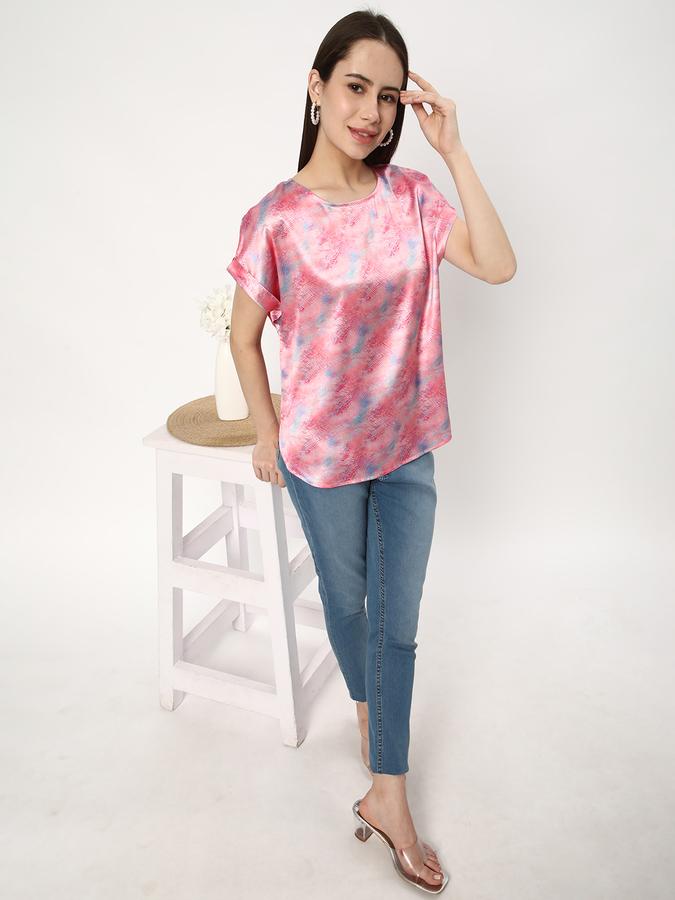 Women Polyester Relaxed Fit Round Neck Abstract Top