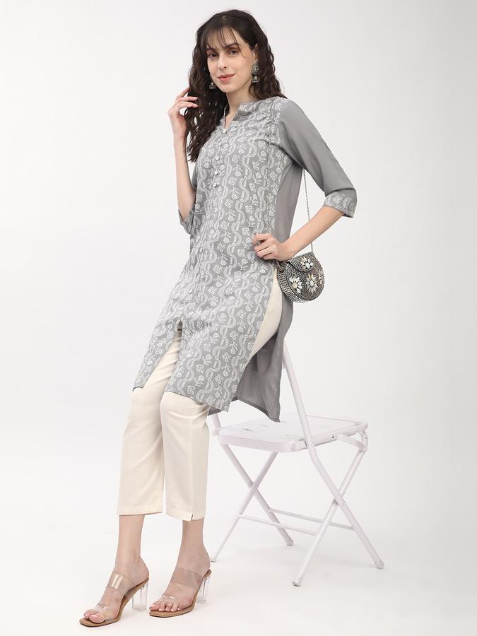 Women's regular fit casual grey chikankari printed front button down straight kurta image number 1