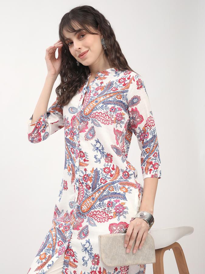 Women's regular fit white mandarin collared paisley printed kurta 
