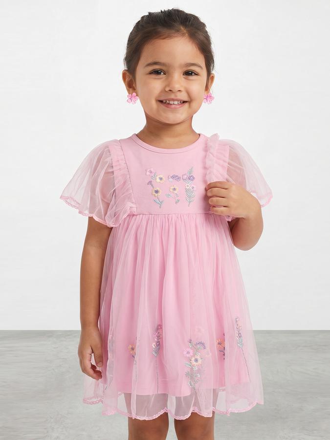 R&B Girl Pink Embroidery Floral Flutter Sleeves A-Line Dress