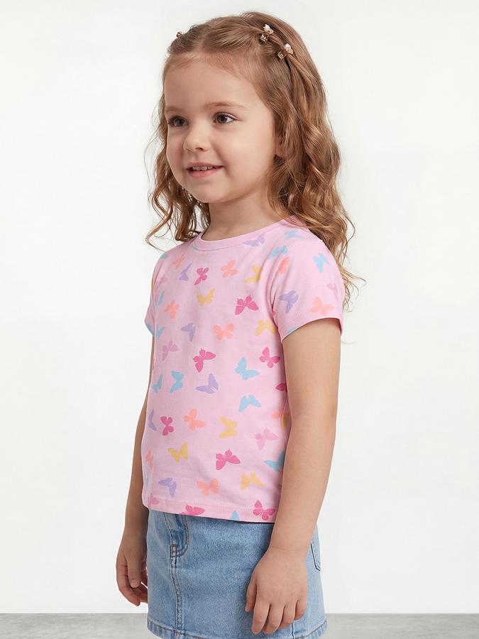 R&B Girls Pink Regular Fit Butterfly Print Short Sleeve T-shirt
