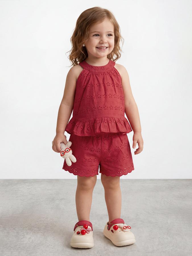 R&B Girl Red Self Design Cotton Blend Sleeveless Clothing Set