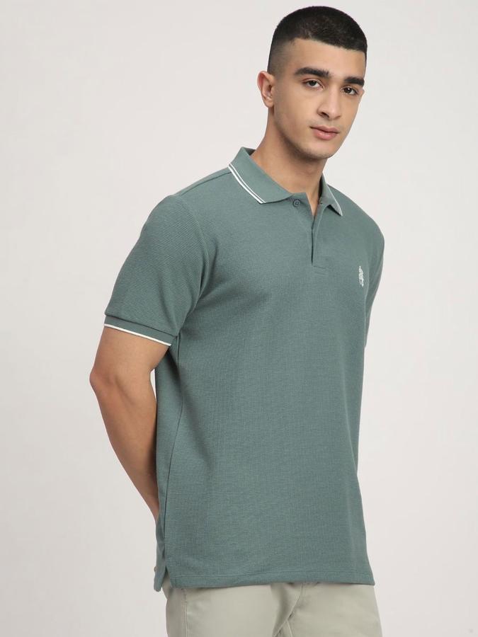 R&B Mens Pine Green Self Design Polo Collar Short Sleeves T-shirt