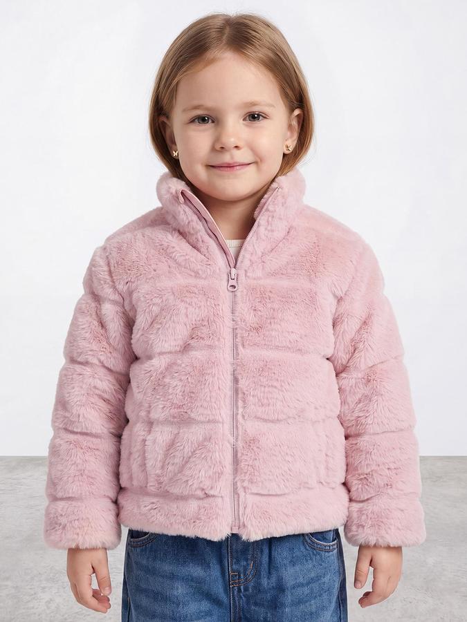 R&B Girls Pink Self Design Raised Collar Fur Jacket