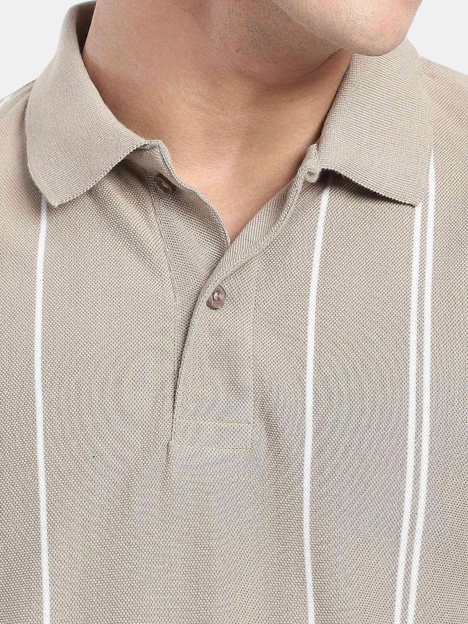 R&B Beige Striped Men Short Sleeve Polo T-shirt