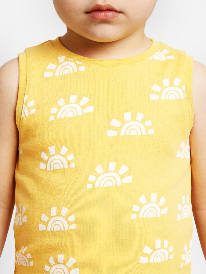 R&B Yellow Graphic Print Boys Round Neck Regular Fit Sleeveless T-Shirt 