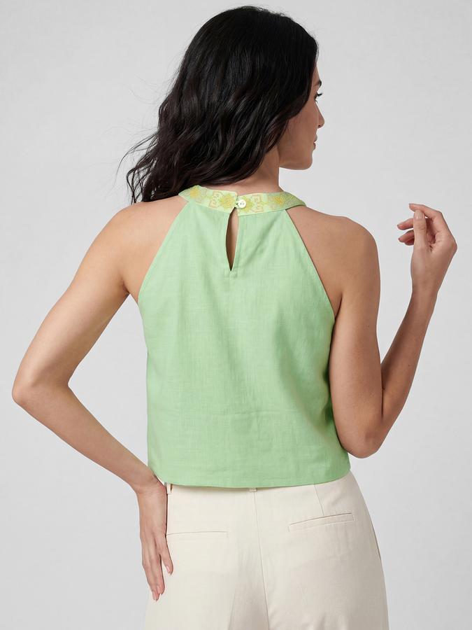 R&B Green Ethnic Motifs Print Halter Neck Sleeveless Women Top