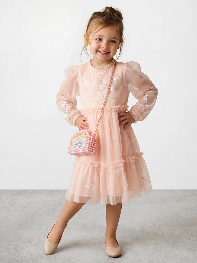 R&B Girl Orange Embroidery Floral Long Sleeves Fit and Flare Dress