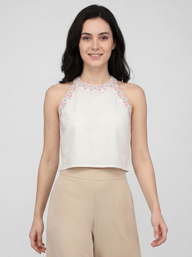 R&B Off White Ethnic Motifs Print Halter Neck Sleeveless Women Top