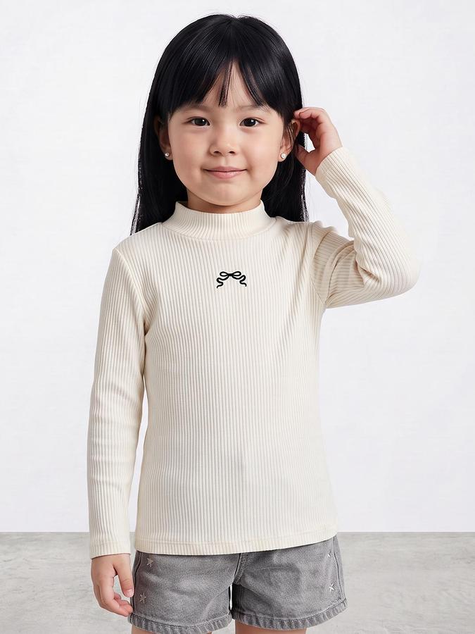 R&B Girls Ivory Textured Long Sleeves High Neck Ribbed T-Shirt