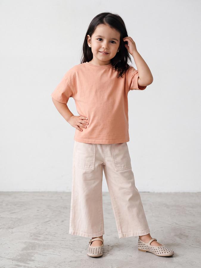 R&B Girls Beige Solid Pure Cotton Wide Leg Mid Rise Trousers