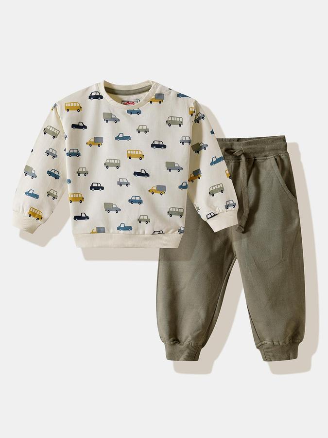 R&B Boys Ivory Cars Print Full Cuff Sleeves Pure Cotton Sweatshirt & Jogger Set
