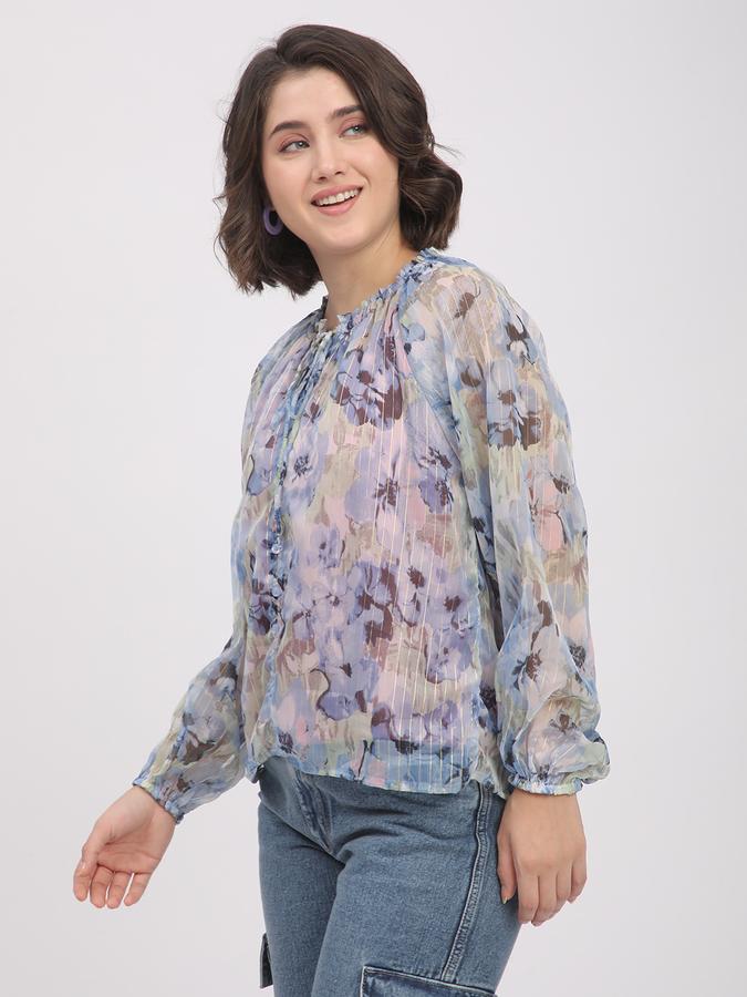 Women Polyester Relaxed Fit Tie-Neck Ruffled Top