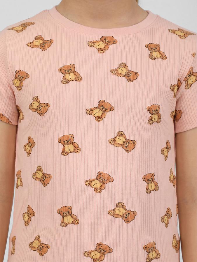 R&B Pink Graphic Print Girls Round Neck Regular Fit Short Sleeves T-Shirt 