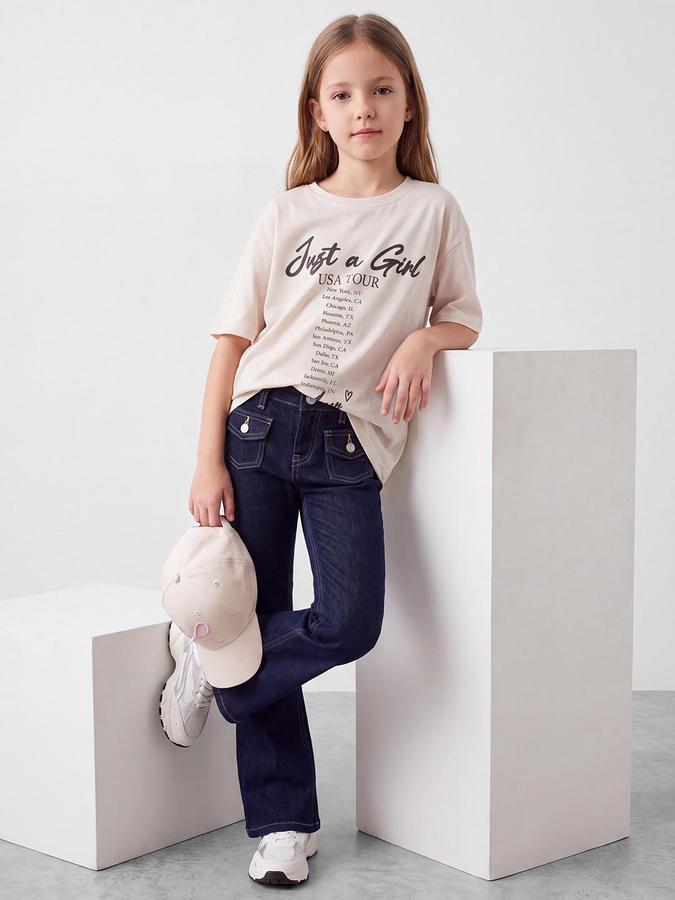 R&B Girls Beige Typography Print Short Sleeves Round Neck Pure Cotton T-Shirt