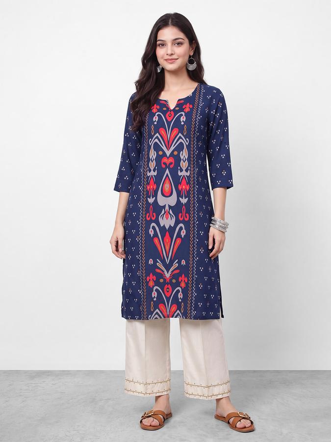 R&B Womens Navy Blue Three-Quarter Sleeves Round Neck Floral Printed Straight Kurta