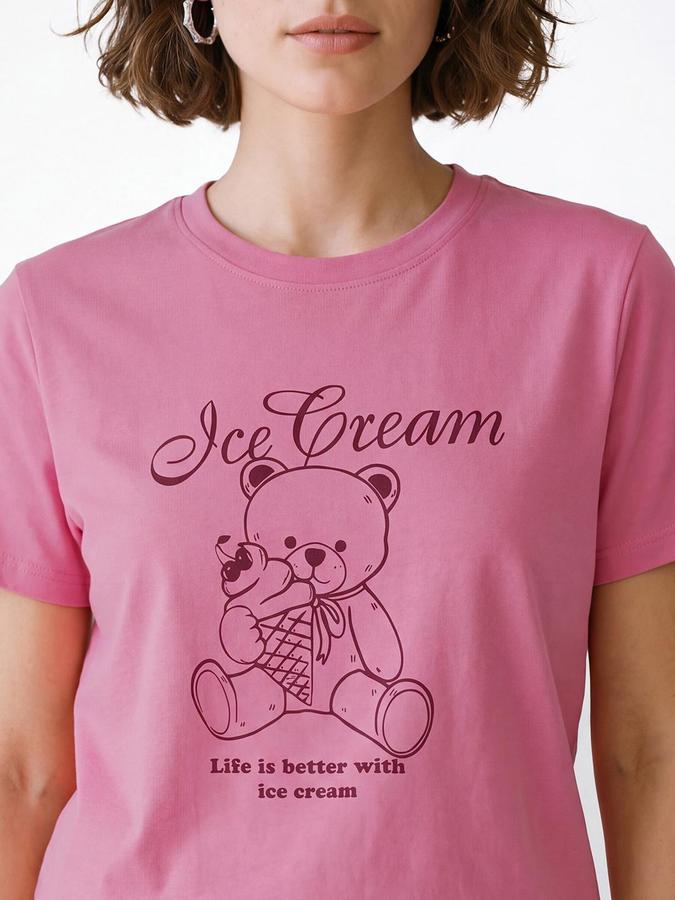 R&B Women Pink Short Sleeve Round Neck Teddy Bear Graphic Print T-Shirt