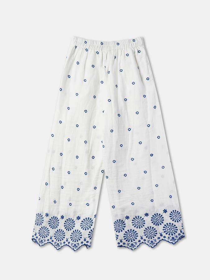 Girls Cotton Wide Leg Elastic Waist Embroidered Pants
