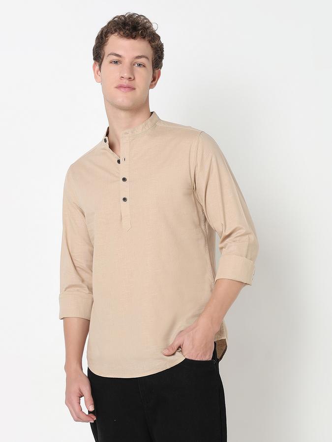 HALF PLACKET KURTA SHIRT - SLUB SHIRT SOLID SINGLE POCKET SLIM FIT image number 1