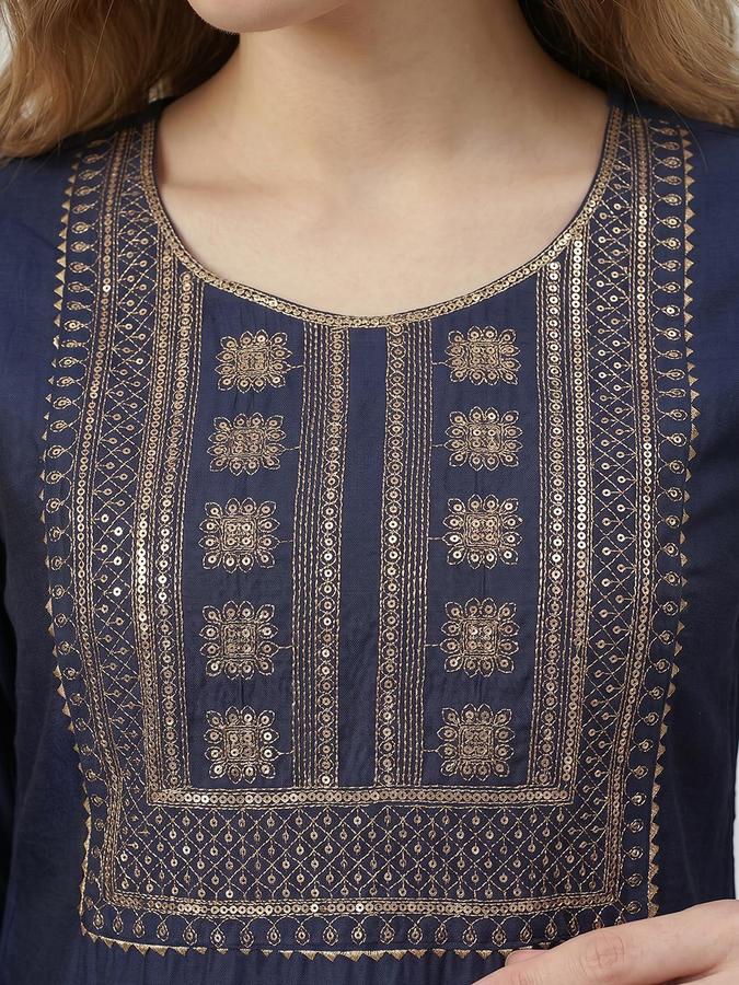 R&B Women Navy Blue Embroidered Round Neck Three-Quarter Sleeves Calf Length Straight Kurta 