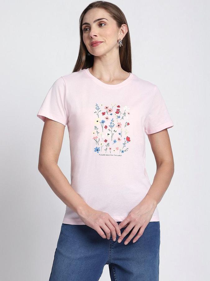 R&B Womens Light Pink Floral Print Round Neck Short Sleeves T-shirt
