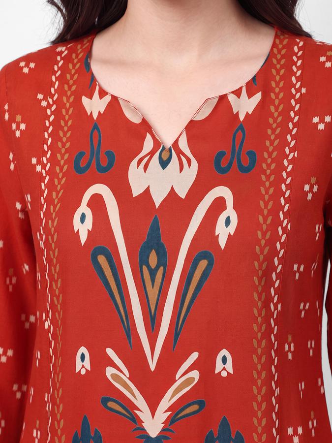 R&B Womens Orange Three-Quarter Sleeves Round Neck Floral Printed Straight Kurta