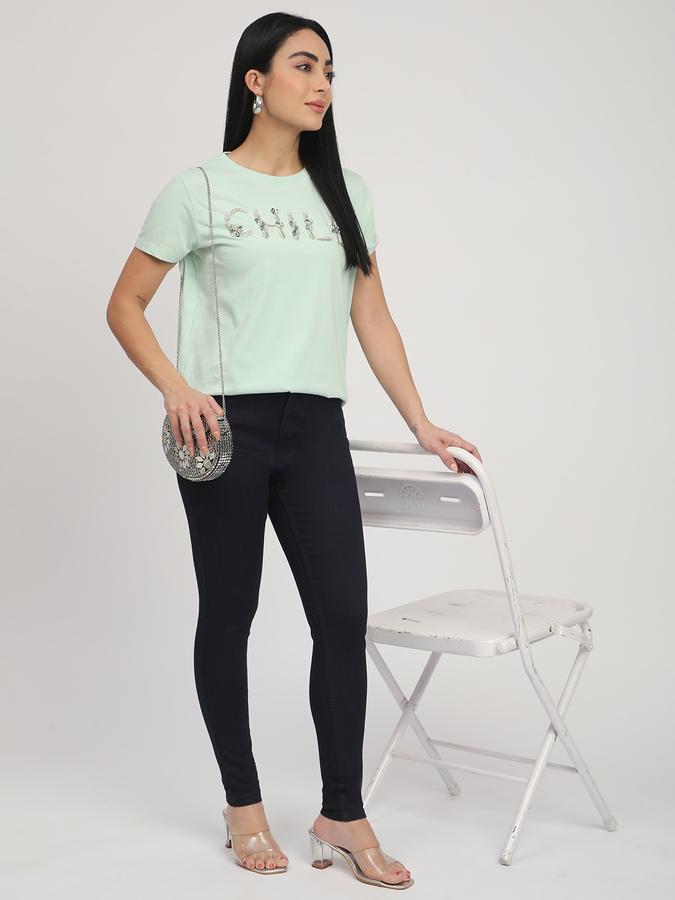 Women Cotton Regular Fit Crew Neck Embellished T-shirt