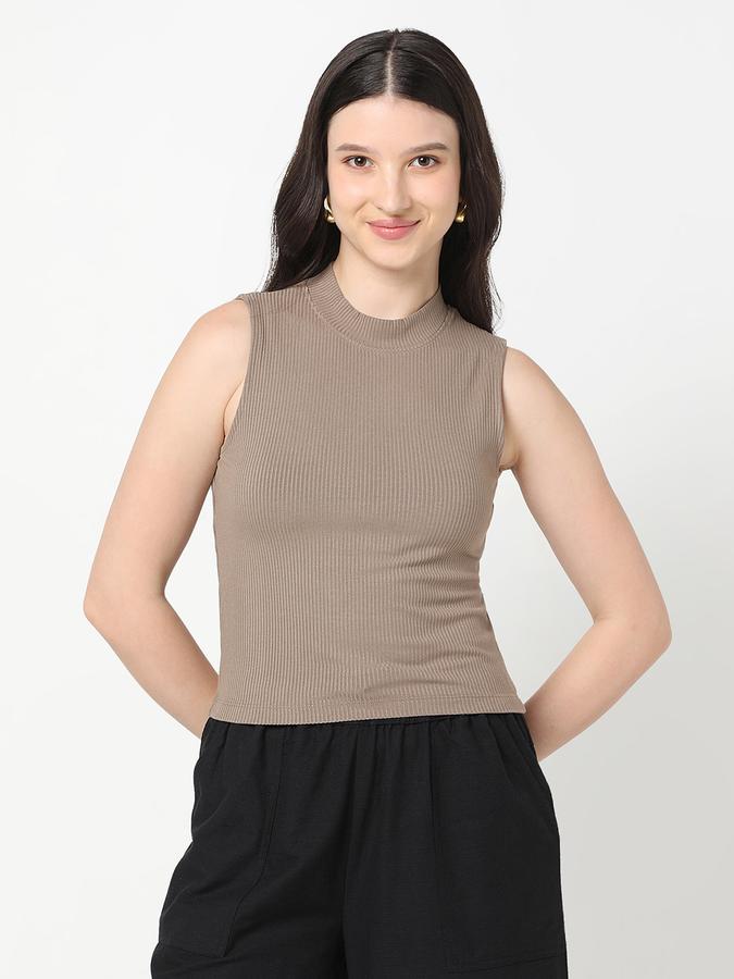 Women Viscose Slim Fit High Neck Ribbed Top