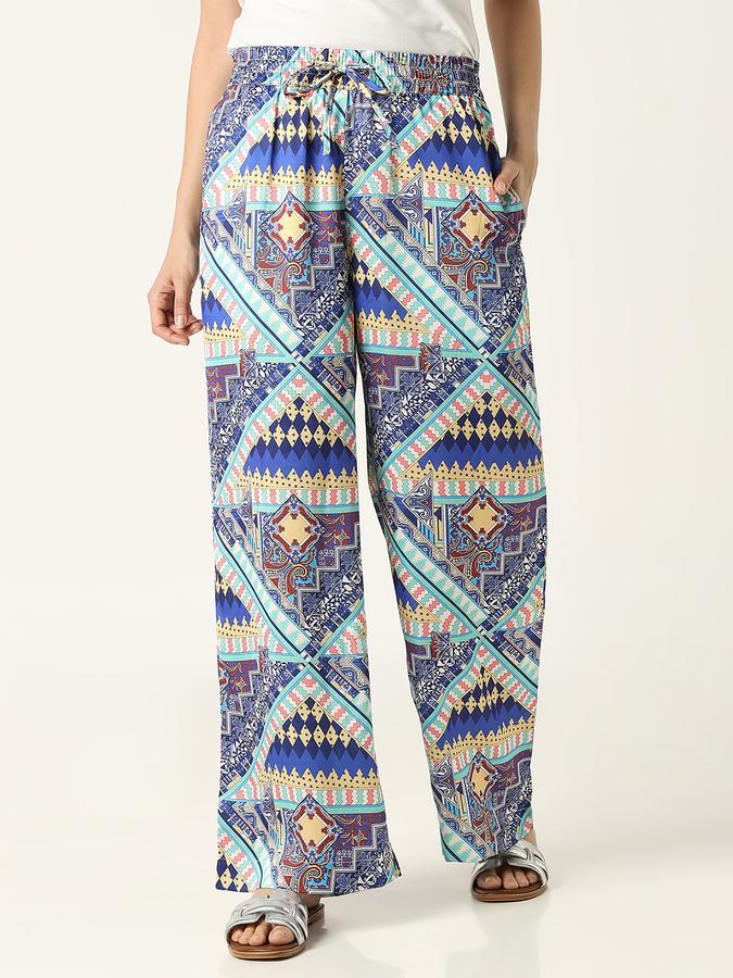 R&B Women Blue Geometric Print Wide-Leg Palazzo Trousers