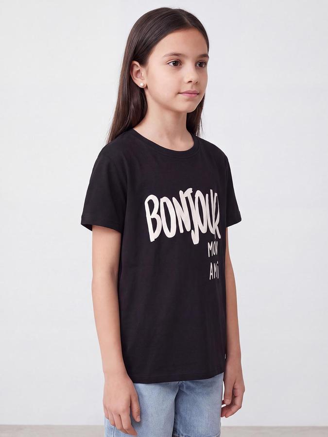 R&B Girls Black Typography Print Short Sleeves Round Neck Pure Cotton T-Shirt