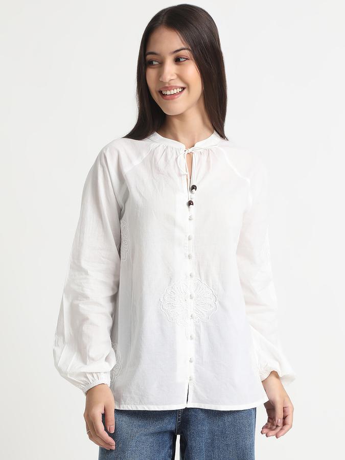 Women Cotton Relaxed Fit Tie Neck Embroidered Top