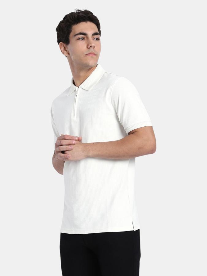 R&B Off White Textured Men Short Sleeve Polo T-shirt