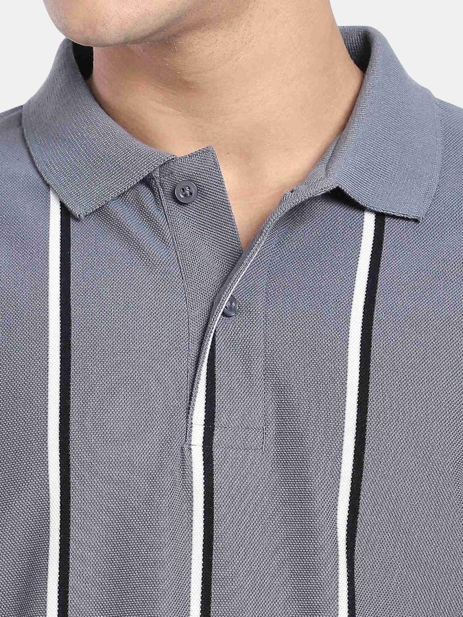 R&B Grey Striped Men Short Sleeve Polo T-shirt