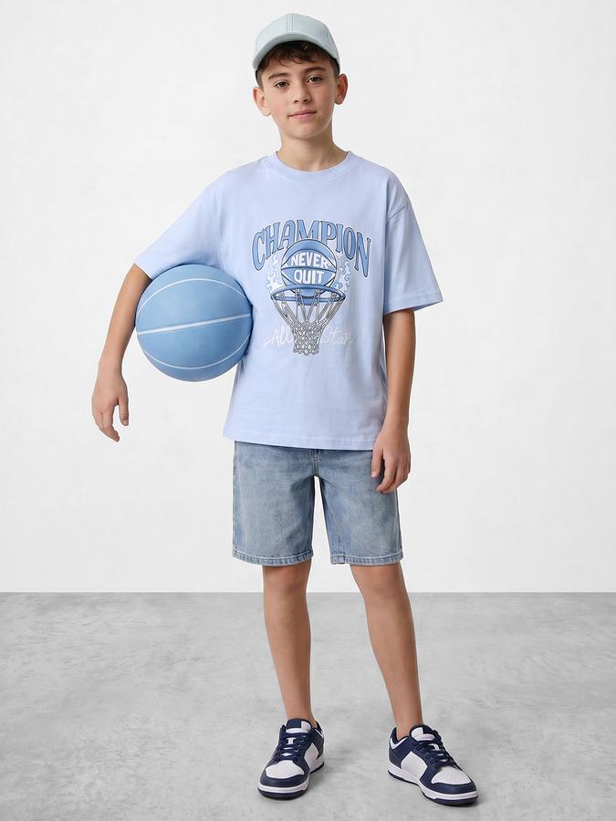 R&B Boys Blue Short sleeve Round Neck Game On Football Graphics Bold Graphic Pure Cotton T-Shirt