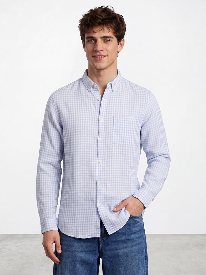 R&B Men's Pure Cotton Blue Full Sleeves Collar Neck Checked Shirt