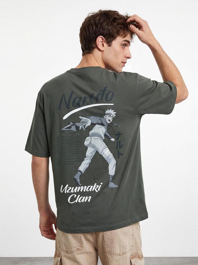 R&B Men Pine Green Naruto Graphic Back Print Short Sleeves Tshirt