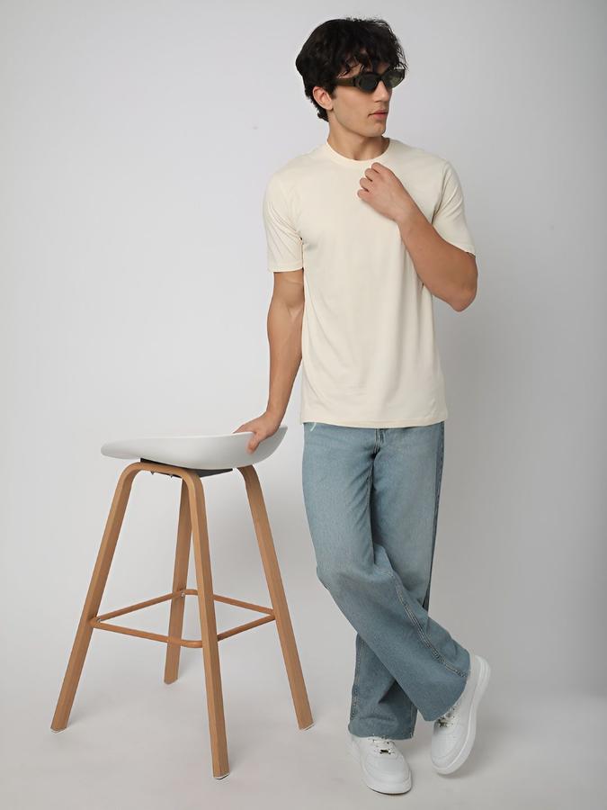 R&B Mens Cream Solid Round Neck Short Sleeves T-shirt