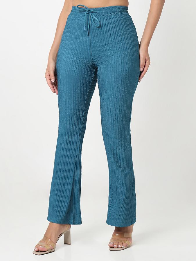 Women Polyester Flared Leg Mid Rise Textured Trousers