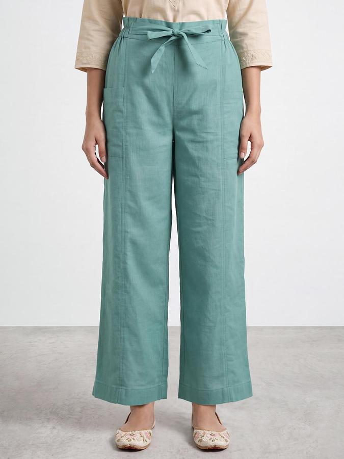 R&B Women Green Solid Tie Up Palazzo